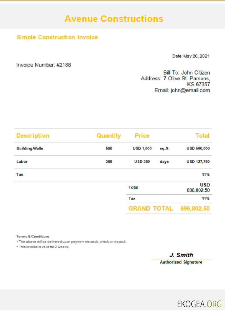 Facture USA Avenue Constructions
